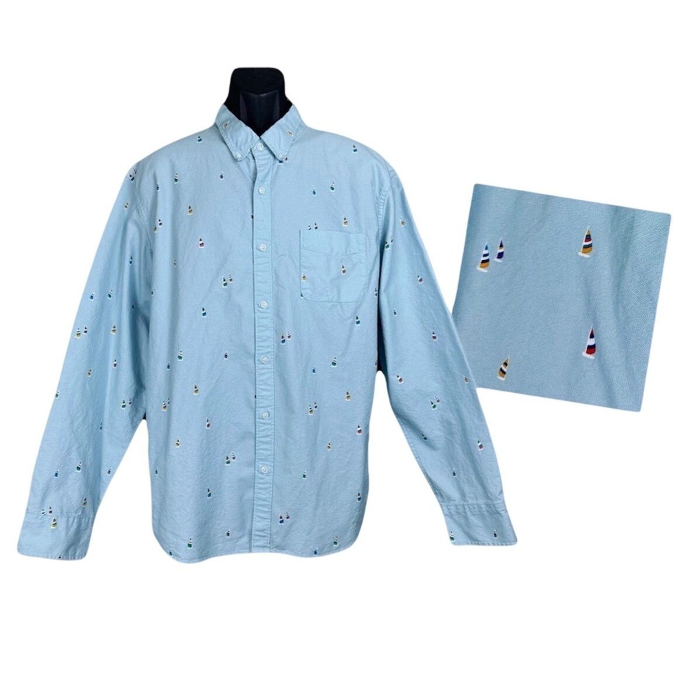 J‎ CREW Slim Flex Oxford Button Sky Blue Shirt XL Rainbow Sailboats Long Sleeve